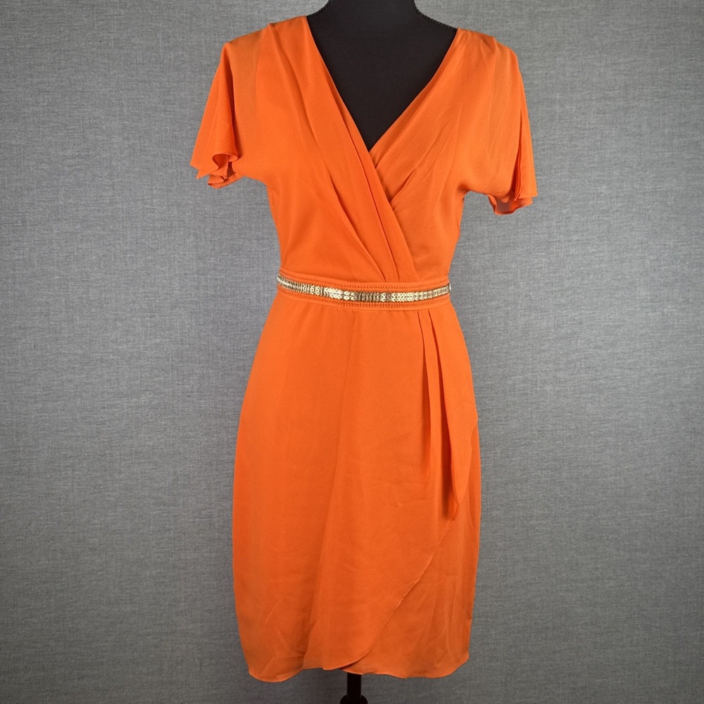Belle Badgley‎ Mischka Orange Cocktail Dress Crossover Flutter Sleeve Size 4 NWT